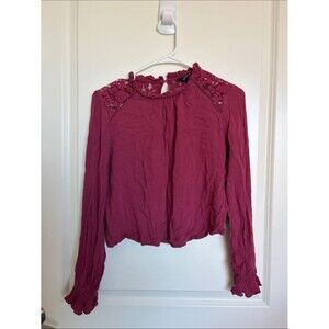 Forever 21 Blouse Lace Yoke Ruffle Mock Neck Long Sleeve Burgundy Size M
